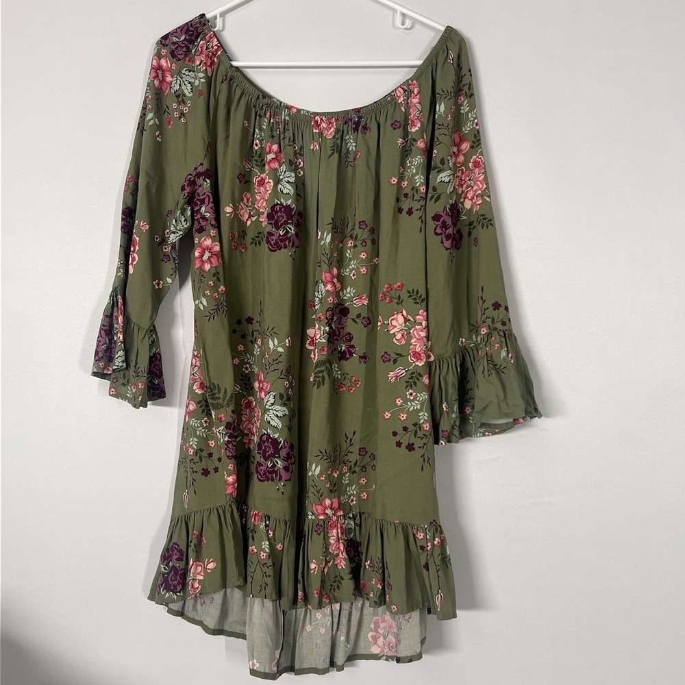 Terra & Sky Sz 1X Peasant Boho Blouse Bell Sleeves Floral Green NEW